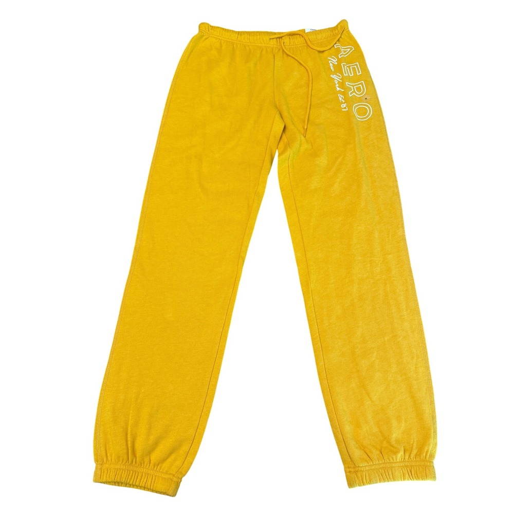 Aeropostale Womens Classic Cinch Sweatpants Mustard Yellow Logo Joggers Medium